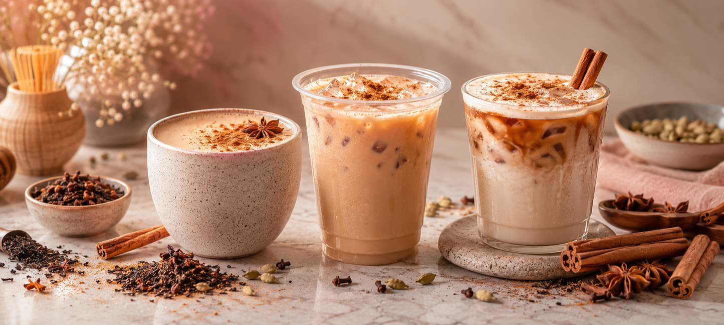 Fonte chai latte powder and concentrate — spiced and raspberry chai for café drinks