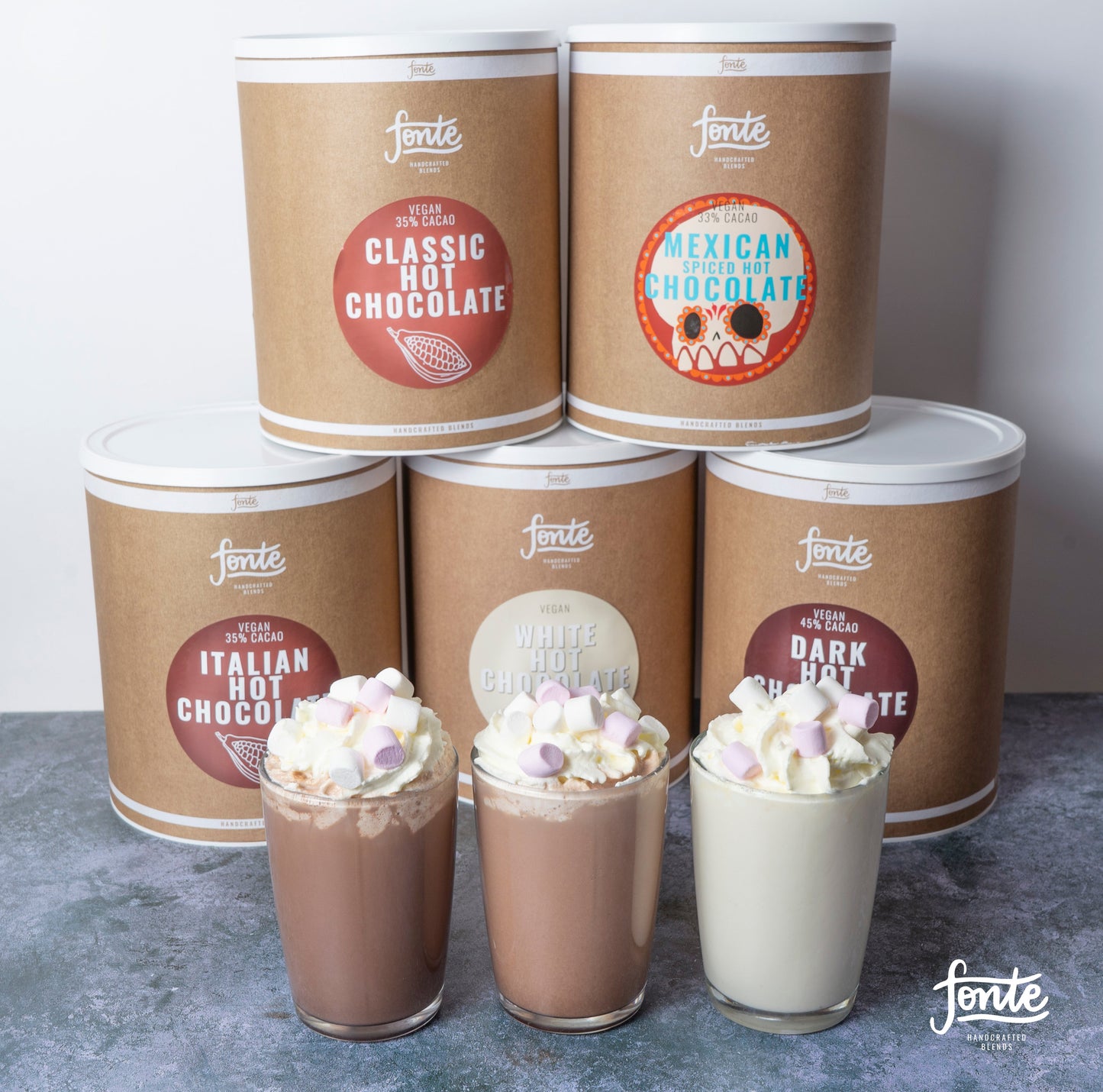 Fonte hot chocolate powder range — Italian, classic, dark and Mexican for café drinks