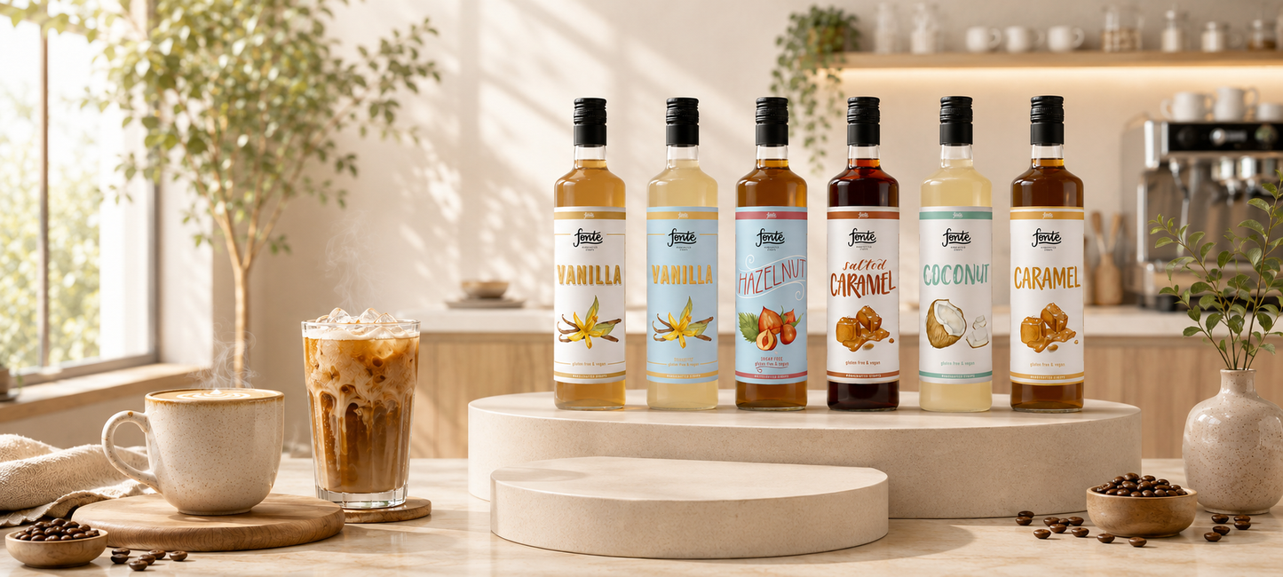 Range of Fonte coffee syrup bottles — caramel, vanilla, hazelnut and more