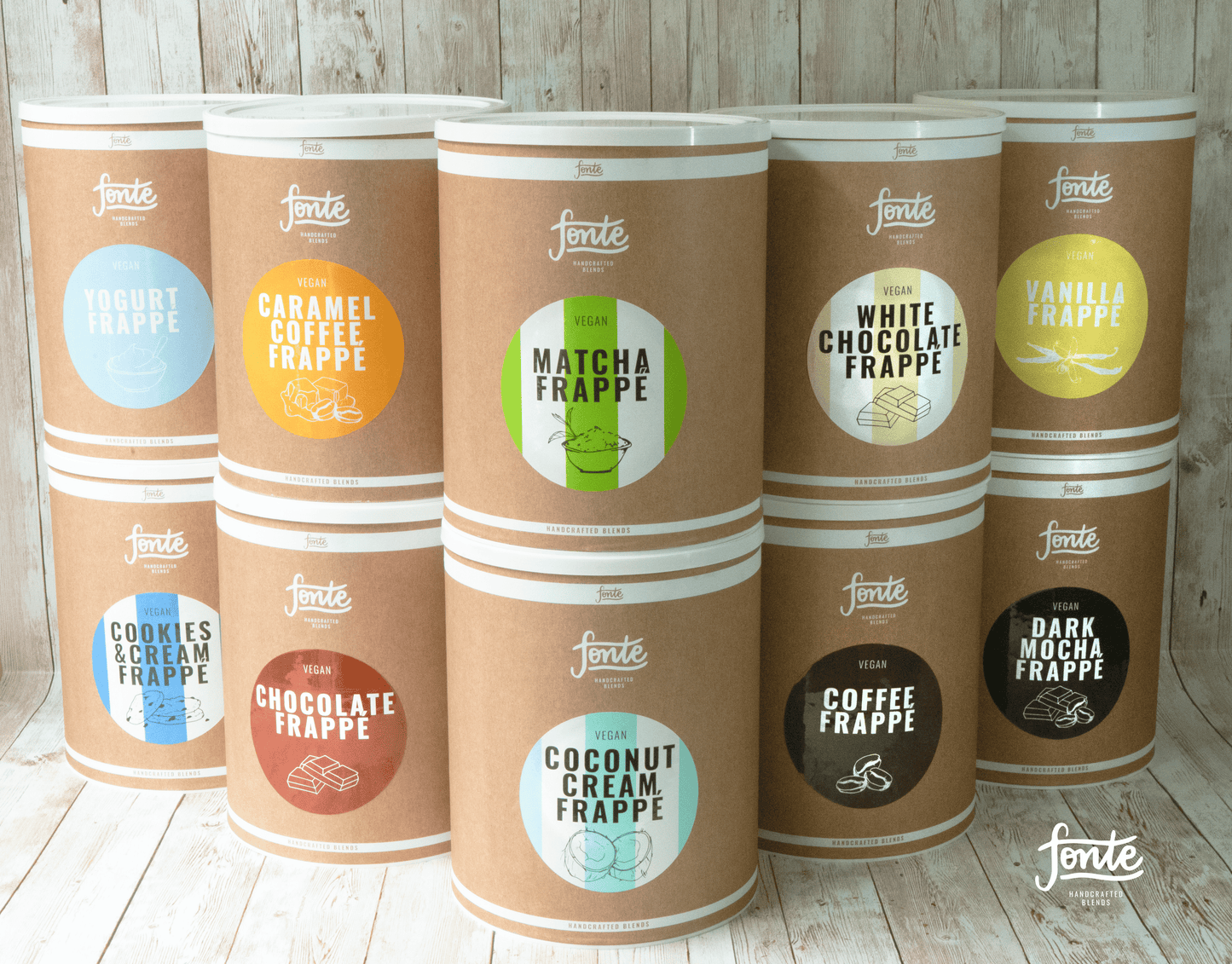 Fonte coffee and vanilla frappé powder tins for blended iced café drinks
