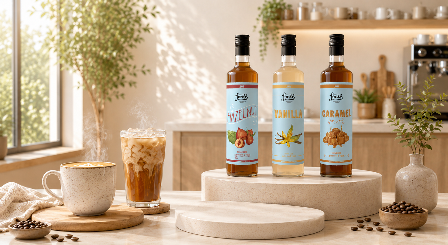 Fonte sugar free coffee syrups — vanilla, caramel and hazelnut bottles