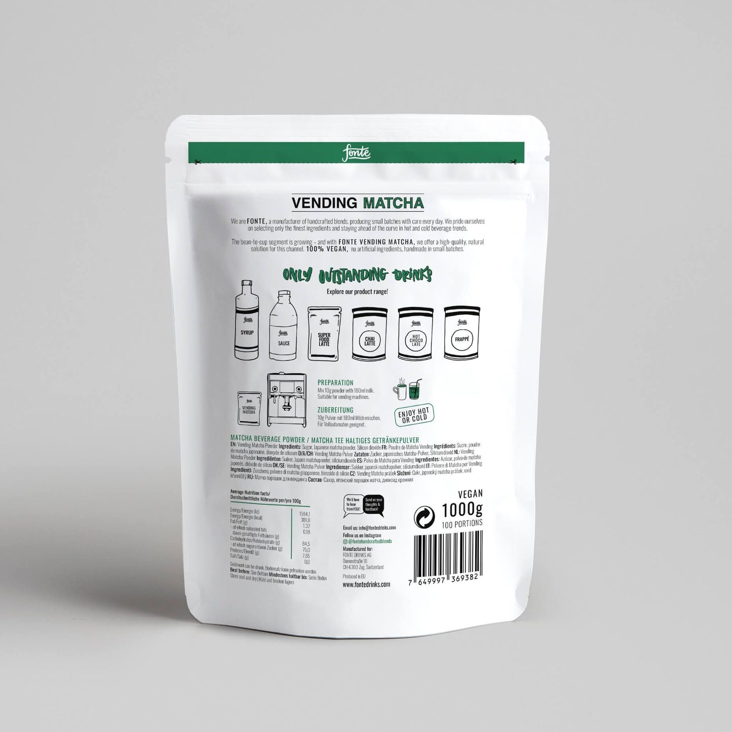 Fonte Vending Matcha powder 1kg pouch, back of pack with ingredients and preparation